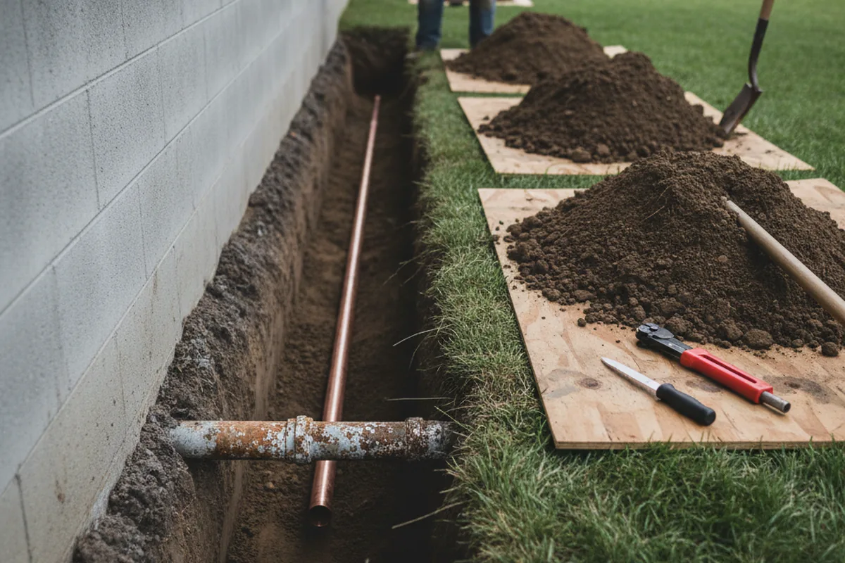 Excavated water line trench during Water Softener Installation in Carlisle